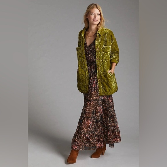 Anthropologie Jackets & Blazers - Anthropologie Velvet Olive Green Quilted Jacket